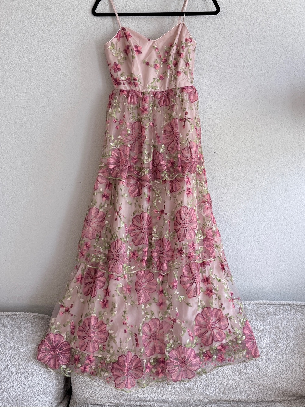 Pink Floral Embroidered Spaghetti Strap Maxi Dress